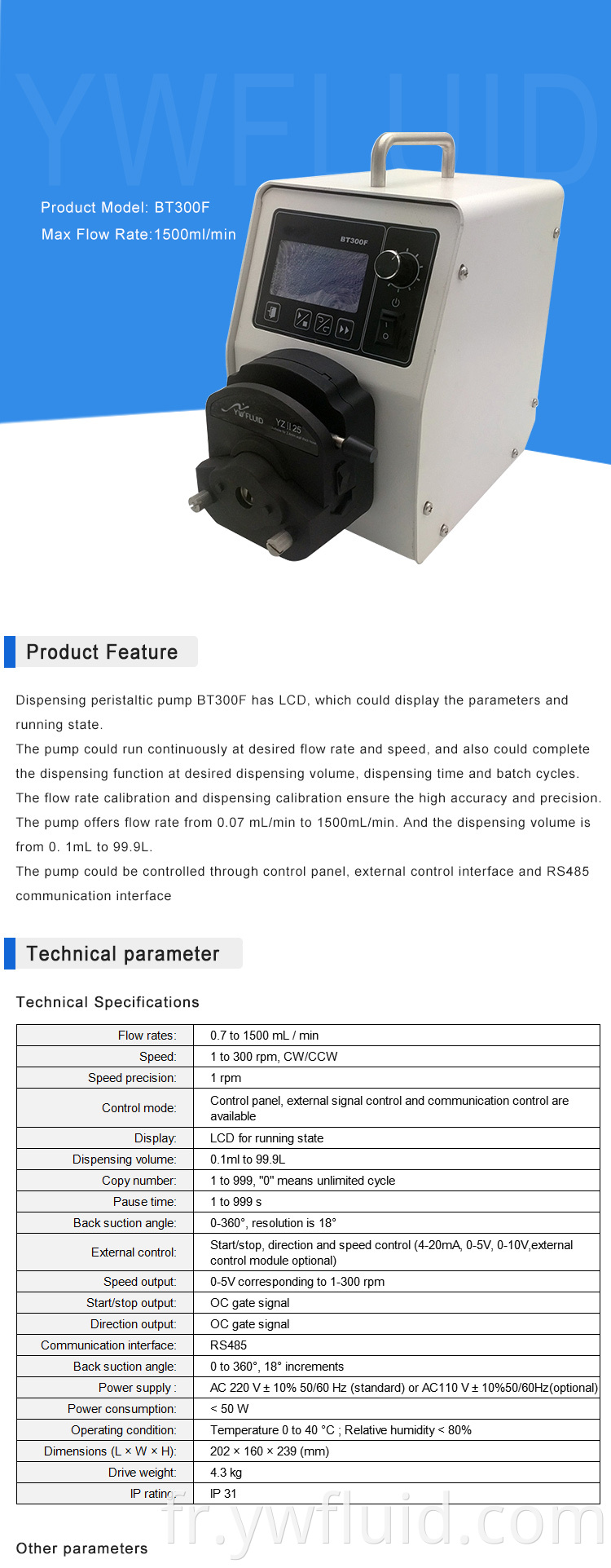 Pompe péristaltique de distribution YWFluid avec moteur AC pour l'équipement analytique de laboratoire